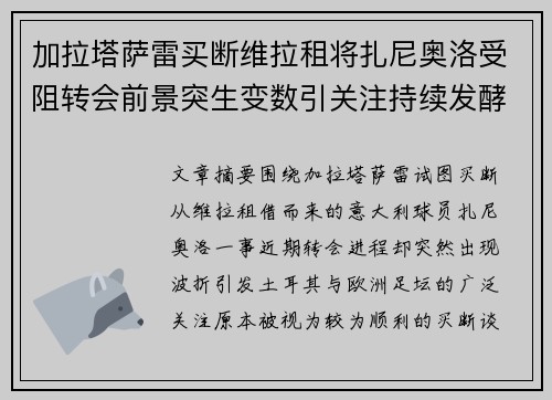 加拉塔萨雷买断维拉租将扎尼奥洛受阻转会前景突生变数引关注持续发酵
