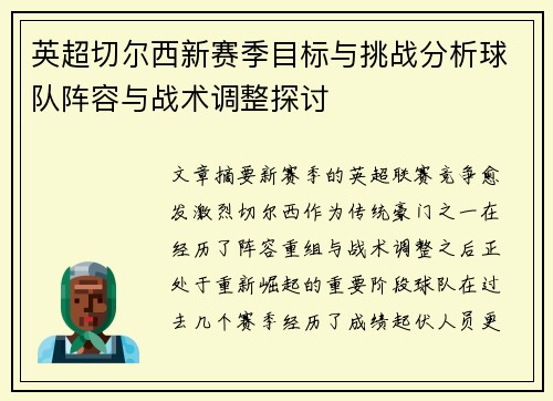 英超切尔西新赛季目标与挑战分析球队阵容与战术调整探讨